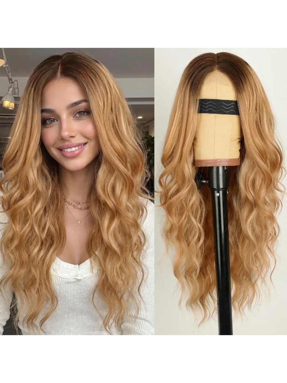 Women's Dark Root Lace Hairline 26 Inch Synthetic Heat Resistant Wavy Wigs